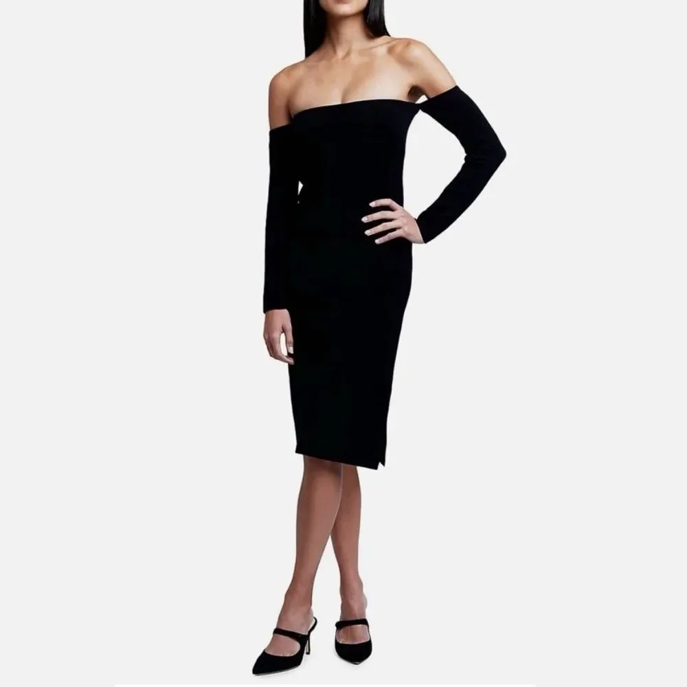 L’Agence Felicia Black Knit Off The Shoulder Fitted Bodycon Dress Size XXS